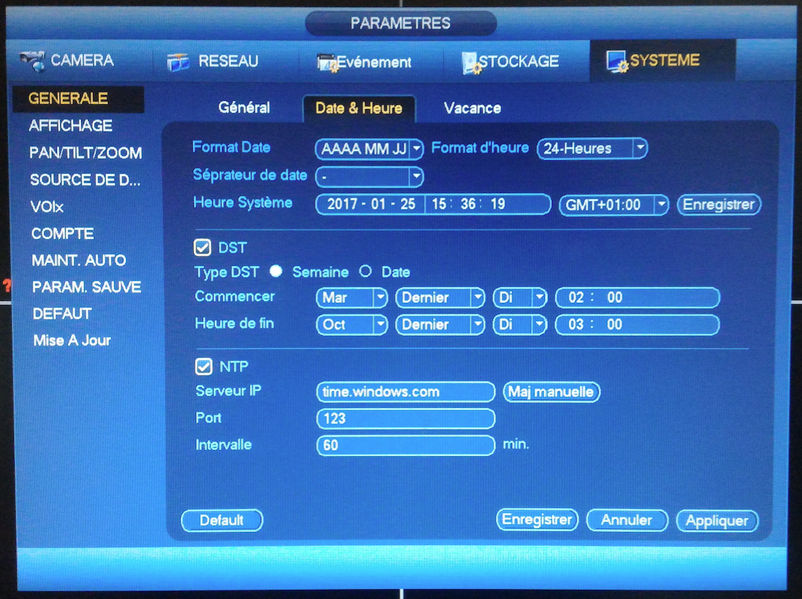 Modifier l'heure du système de surveillance - menu générale