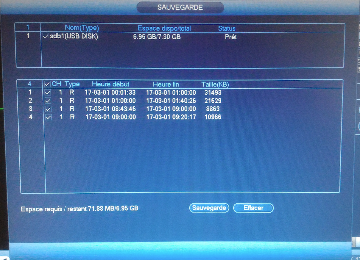 copier les images de vidéosurveillance sur clé USB - fenêtre liste enregistrements